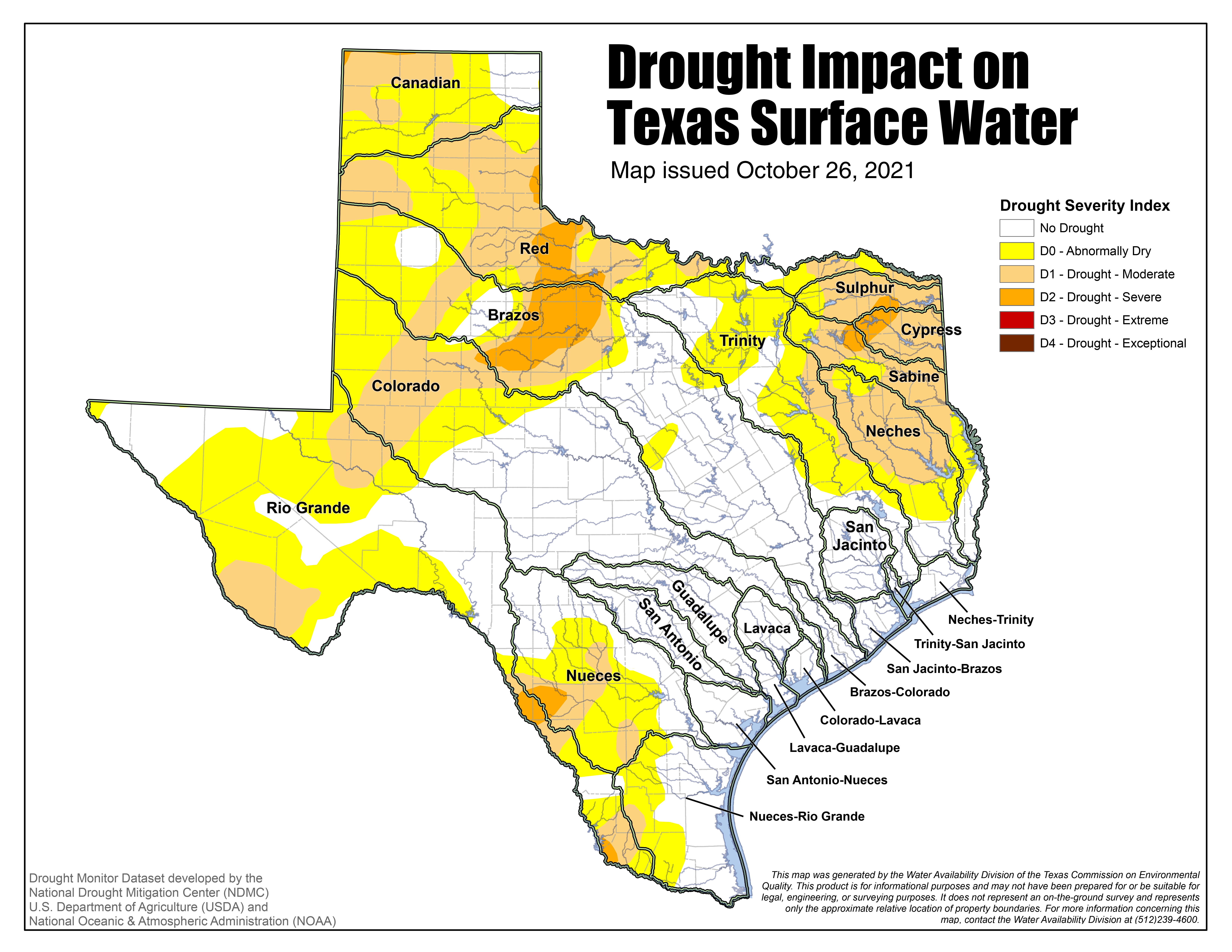 Map of Drought Impact on Texas Surface Water from TCEQ