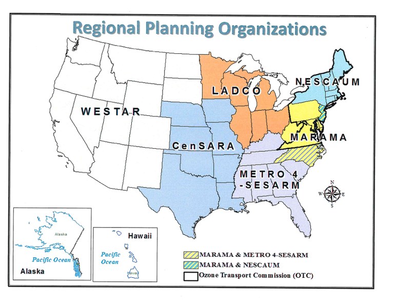 Unites States map showing the geoprahical areas of six regional planning organizations.