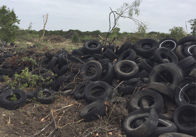 Illegally discarded scrap tires littered the landscape prior to being hauled away for recycling and disposal.