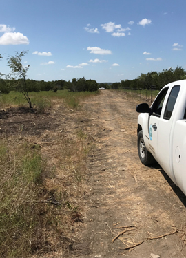 A TCEQ vehicle travels along a clear road that was once littered with scrap tires. Thanks to the multi-agency cleanup effort, the property is now free of scrap tires.
