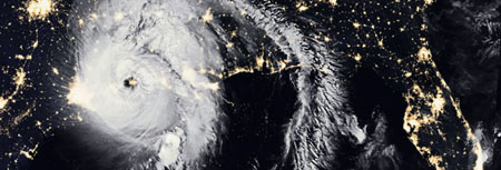 An aerial view of Hurricane Laura in the Texas Gulf Coast
