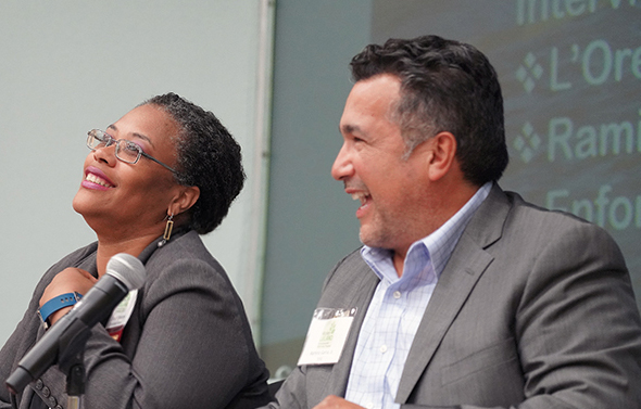 L’Oreal Stepney, P.E., and Ramiro Garcia, Jr., being interviewed about their respective career journeys at the 2019 Mickey Leland Environmental Internship Program Conference in June, 2019. Garcia himself was a MLEIP intern.