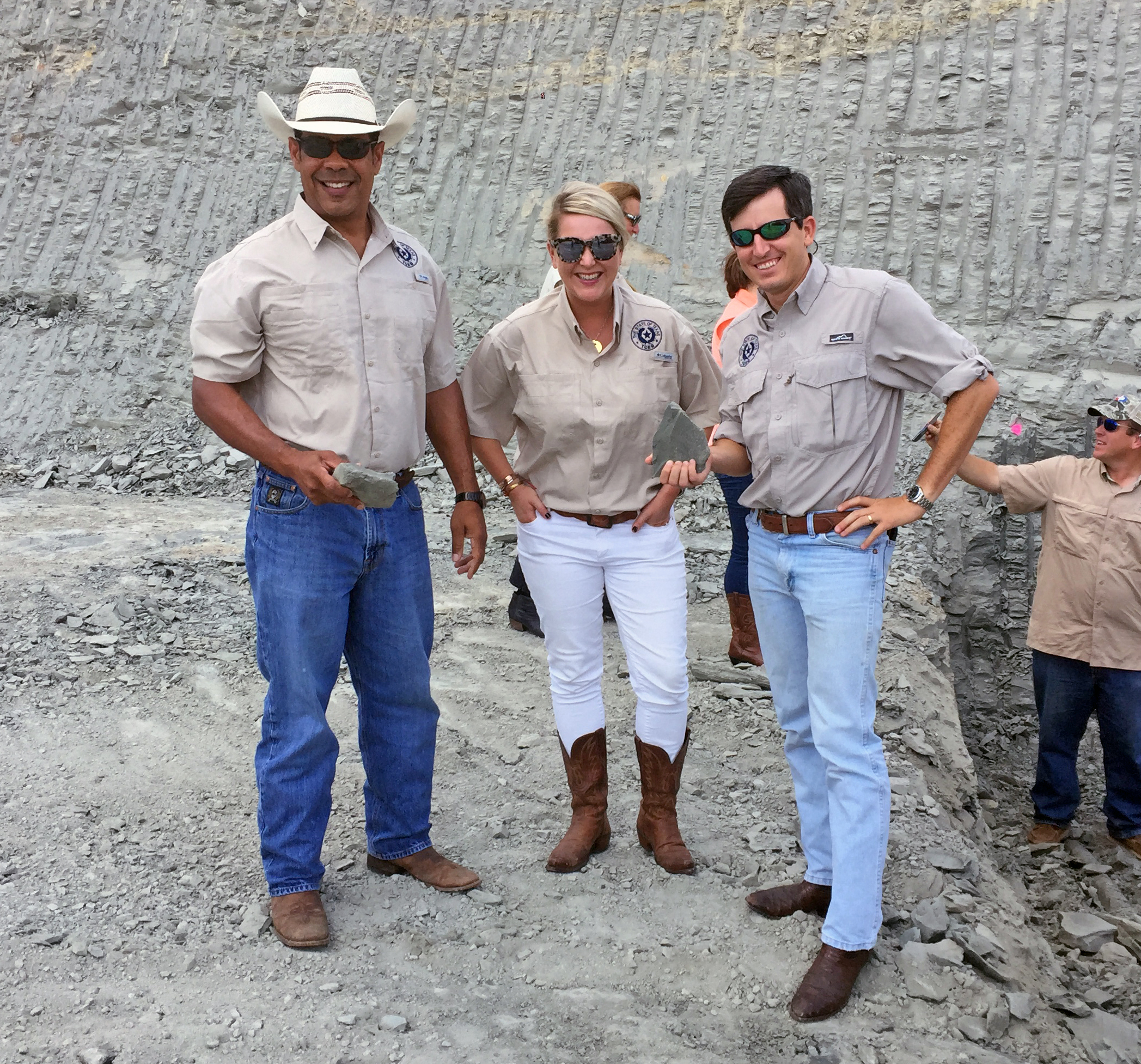 Earl Lott (left), Ferrell Fields Damen, and former co-worker Sam Gammage, giving legislators a firsthand look at the construction that goes into a municipal solid waste landfill.