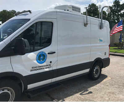 Parked in front of TCEQ's Region 10-Beaumont office, which served as headquarters for TCEQ staff who were responding to Hurricane Laura, this new air monitoring van was used in the field for the first time following the storm.