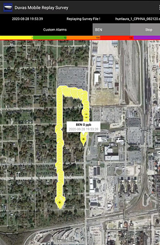 Online, monitoring van readings are shown on a map and appear like a caterpillar along the van's route. On this map, a yellow or green trail shows findings below action levels.
