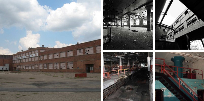 The front view of the vacant former Goodyear Tire and Rubber Company Facility acquired in 1995 along with some interior photos of the building prior to redevelopment.