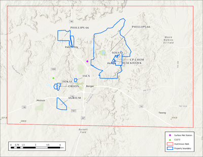A map showing the Hutchinson County nonattainment area outlined as a large red rectangle. Within this area, the eight sulfur dioxide sources are shown, and outlined in blue. The sulfur dioxide monitor and surface meteorology monitor used for the attainment demonstration modeling for this area are shown as a green triangle in the west portion of the nonattainment area and a purple plus sign in the center of the nonattainment area, respectively.   