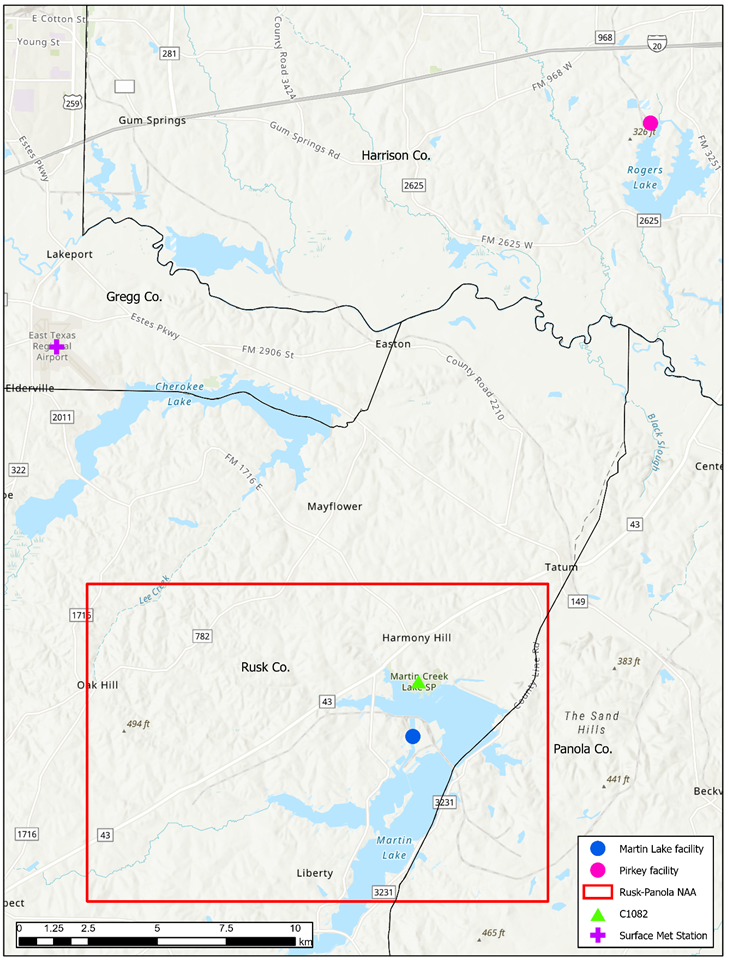Basic map showing the Martin lake area between Rusk and Panola counties in East Texas. A blue dot shows the location of the Martin Lake facility, which is the main source of sulfur dioxide emissions for the nonattainment area. A red border shows the boundaries of the nonattainment area, a purple plus sign shows the weather station site north-west of the area, and a green triangle shows the sulfur dioxide monitor just north of the Martin Lake facility.