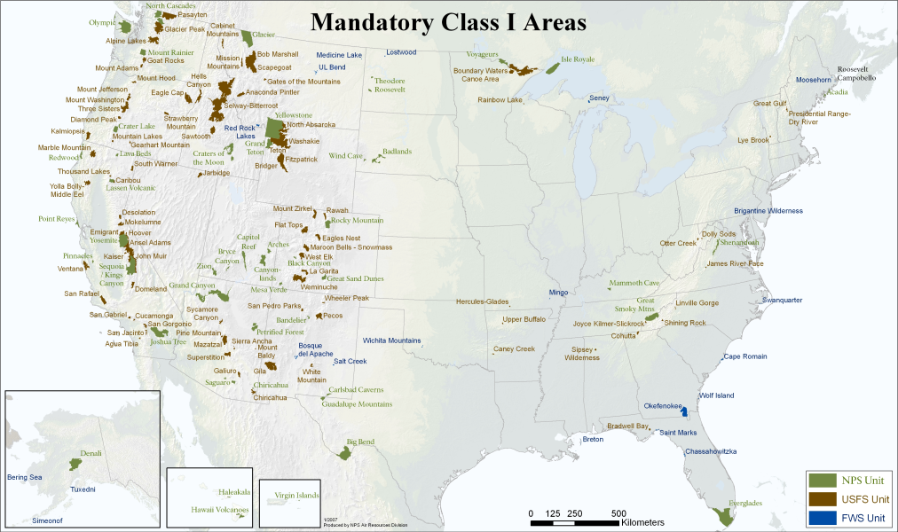 A map of the national Class I areas, including Big Bend National Park and Guadalupe Mountains National Park in western Texas.