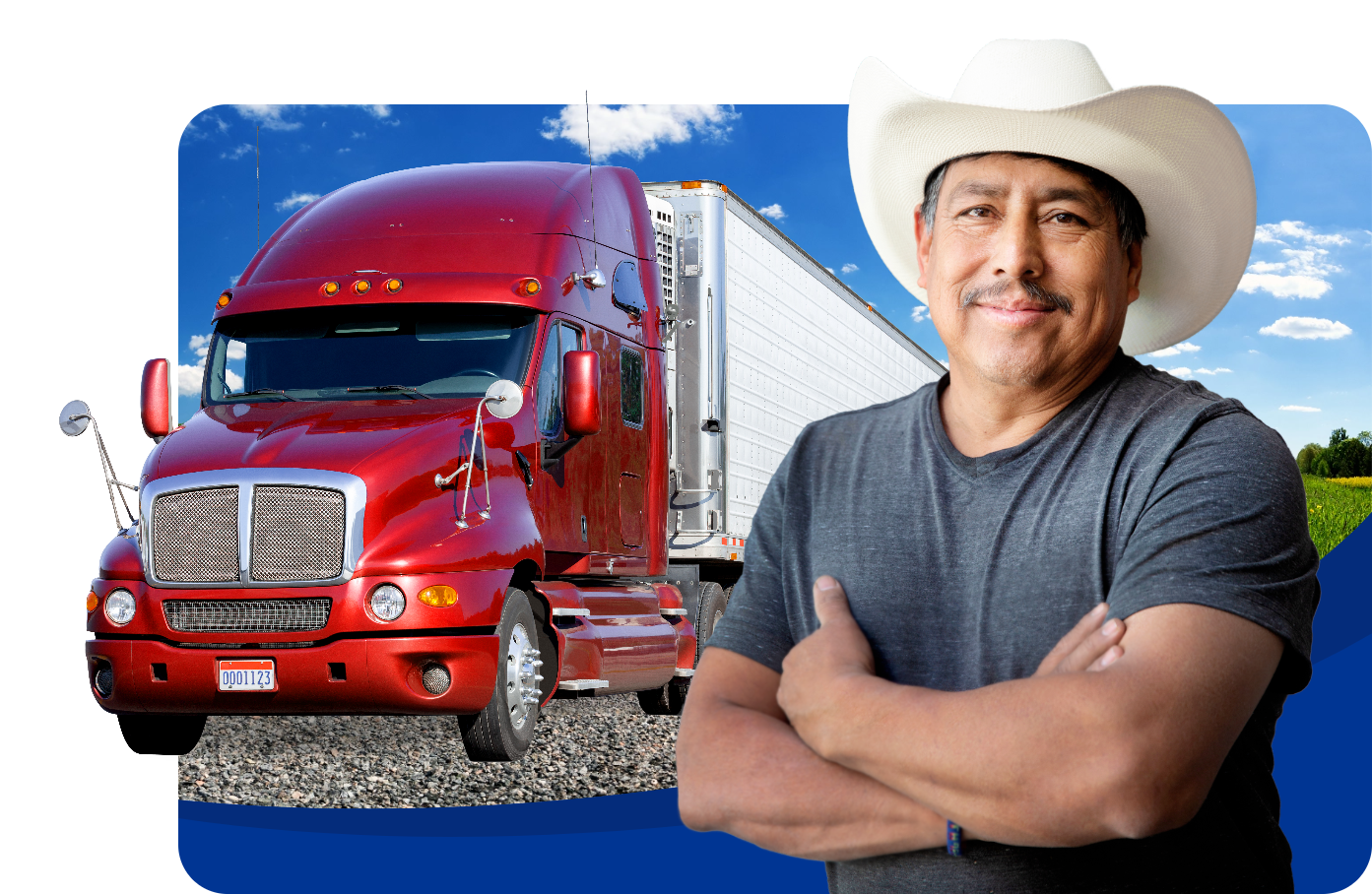 Man with a semi-truck with a red cab and silver trailer