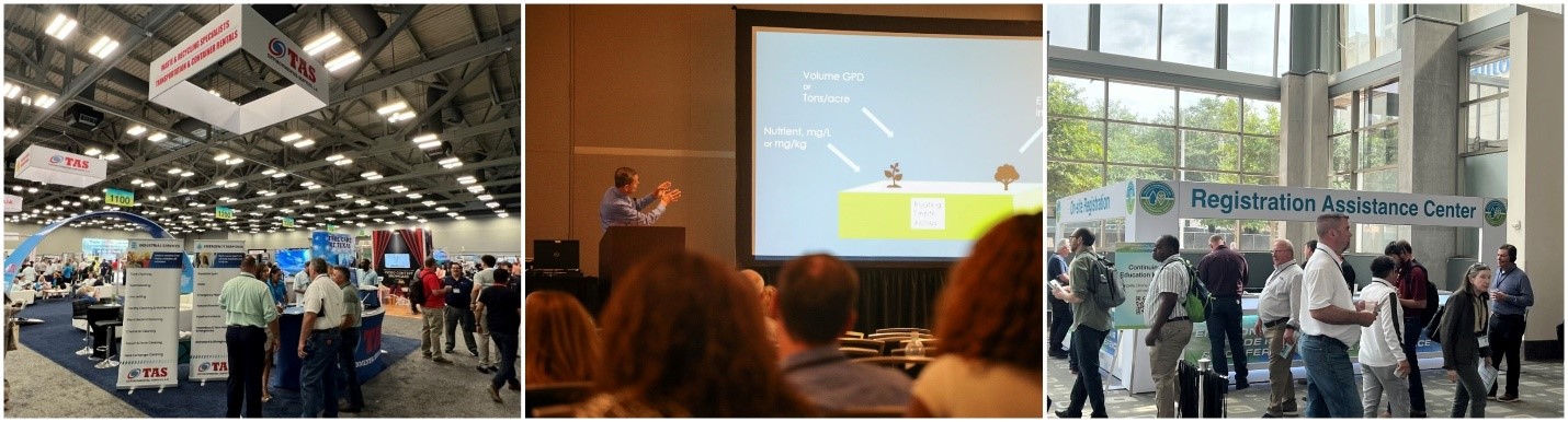 A photo collage showing the vendor booths at Trade Fair (left); a Trade Fair presentation (center); and the Registration Assistance Center at Trade Fair (right).