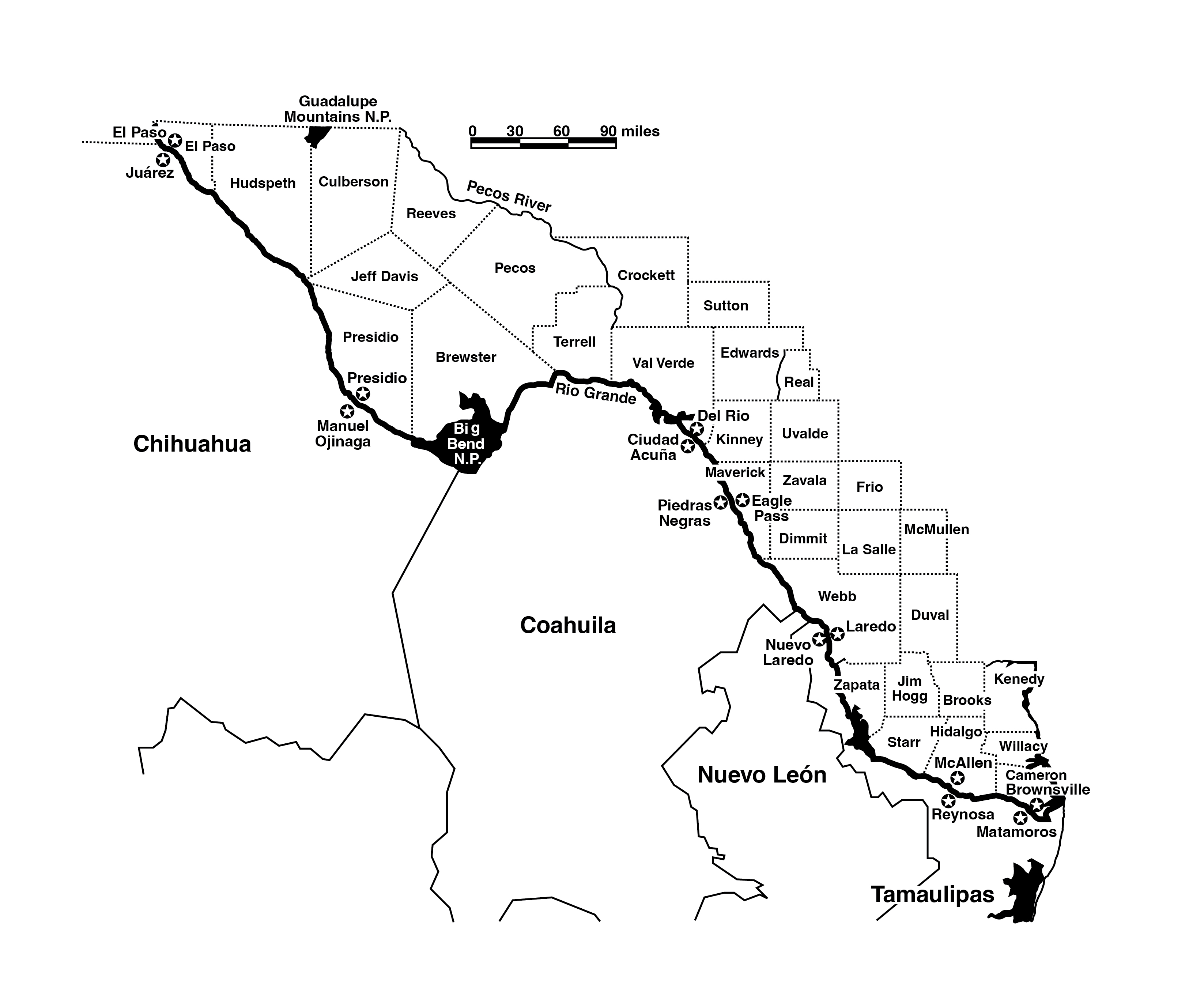 Map of the Texas Border with Mexican States