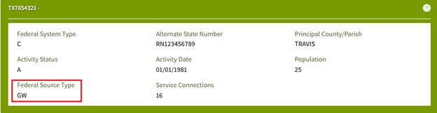 Drinking water viewer screenshot of Federal Source Type
