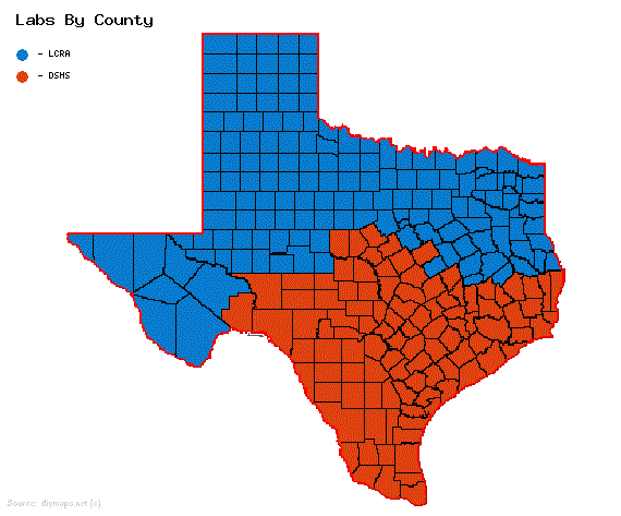 Map showing which laboratory samples will be sent to by county
