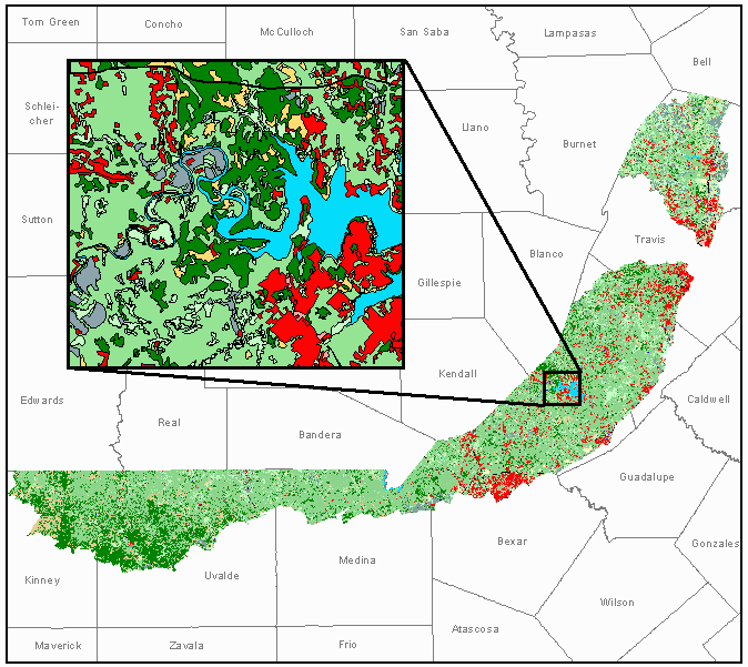 map of edwards aquifer with a portion highlighted and showing land cover in detail
