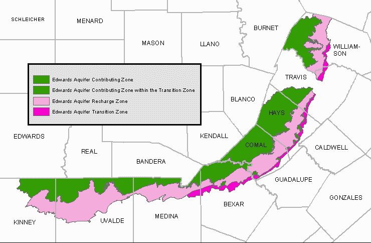 Texas area map highlighting edwards aquifer 4 recharge zones - contributing zone, contributing zone within the transition zone, recharge zone and transition zone.