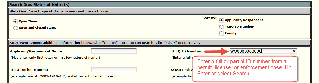 Figure 1 showing the Search One section of the form with a fictitous permit number (WQ0000000000) typed into the TCEQ Additional ID Number field; the picture notes that you can type in either a full or partial permit number in the field.