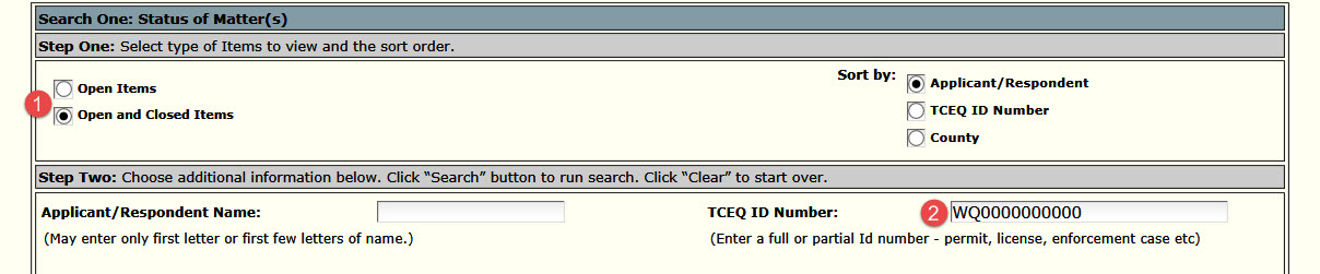Figure 2 showing the same section of the form as Figure 1 above, but with the Open and Closed Items button selected. The same fictitious permit number is typed into the TCEQ Additional ID Number field.