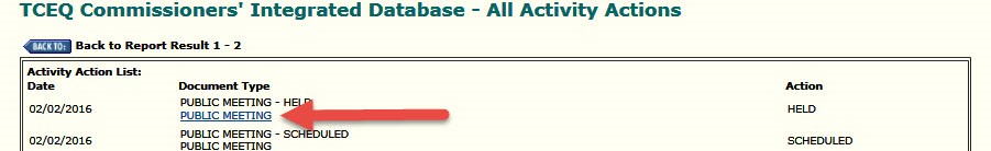 Figure 4 showing a hyperlinked Public Meeting appearing in the Activity Action List for a permit number.