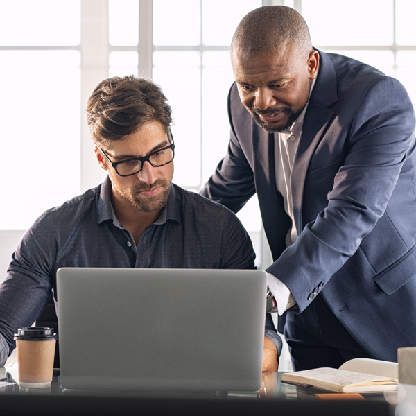 Two male professionals looking at a laptop