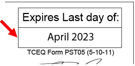 Right-hand corner of an underground petroleum storage tank delivery certificate showing that the certificate expires on the last day of April 2023.
