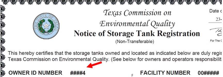 The top section of a petroleum storage tank registration certificate showing the owner identification number on the left side.