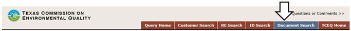 Image of TCEQ website showing the Document Search tab in the Central Registry search.