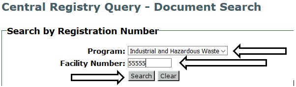Image of TCEQ website showing search fields and buttons on the Document Search page.