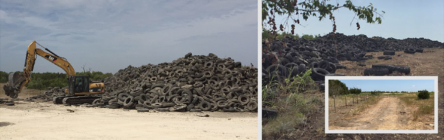 (Left) An excavator loads scrap tires into a waiting truck as part of the multi-agency cleanup effort at the Gatesville scrap tire site where 268,000 scrap tires once littered the landscape. (Right) Before: illegally discarded scrap tires littered the landscape prior to being hauled away for recycling and disposal. After: scrap tires interfered with natural vegetation, and with their removal, the flora can once again flourish.