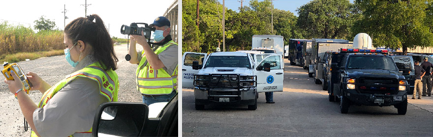 (Left) Agency staff use handheld monitoring equipment in use in the aftermath of Hurricane Laura. On the left, a MultiRAE reports data directly from the field. On the right, an Optical Gas Imaging Camera (OGIC) detects gases and emissions quickly, accurately, and safely. (Right) TCEQ and other emergency response personnel prepare to depart for the Texas coast to assist in the wake of Hurricane Laura.