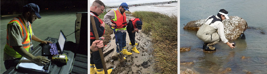 (Left) TCEQ staff worked around the clock to monitor air and water quality after the fire at Intercontinental Terminals Company in Deer Park. (Center) TCEQ staff monitor air and water quality along the shoreline after the fire at ITC. (Right) TCEQ staff collect samples to assess surface water quality after the ITC fire.