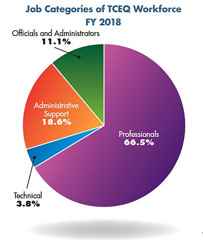 Pie chart: Job Categories of TCEQ Workforce, FY 2018. Professionals 66.5%, Technical 3.8%, Administrative Support 18.6%, and Officials and Administrator 11.1%.