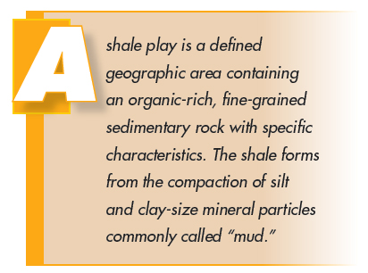 A shale play is a defined geographic area containing an organic-rich, fine-grained sedimentary rock with specific characteristics. The shale forms from the compaction of silt and clay-size mineral particles commonly called mud.