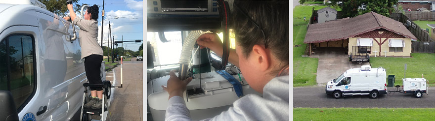 (Left and center) In the wake of Hurricane Laura, TCEQ deployed air quality monitoring vans equipped with rapid assessment survey technology, which reports air quality data in real-time. (Right) TCEQ staff drive a mobilemonitoring van through a neighborhood after Hurricane Laura.