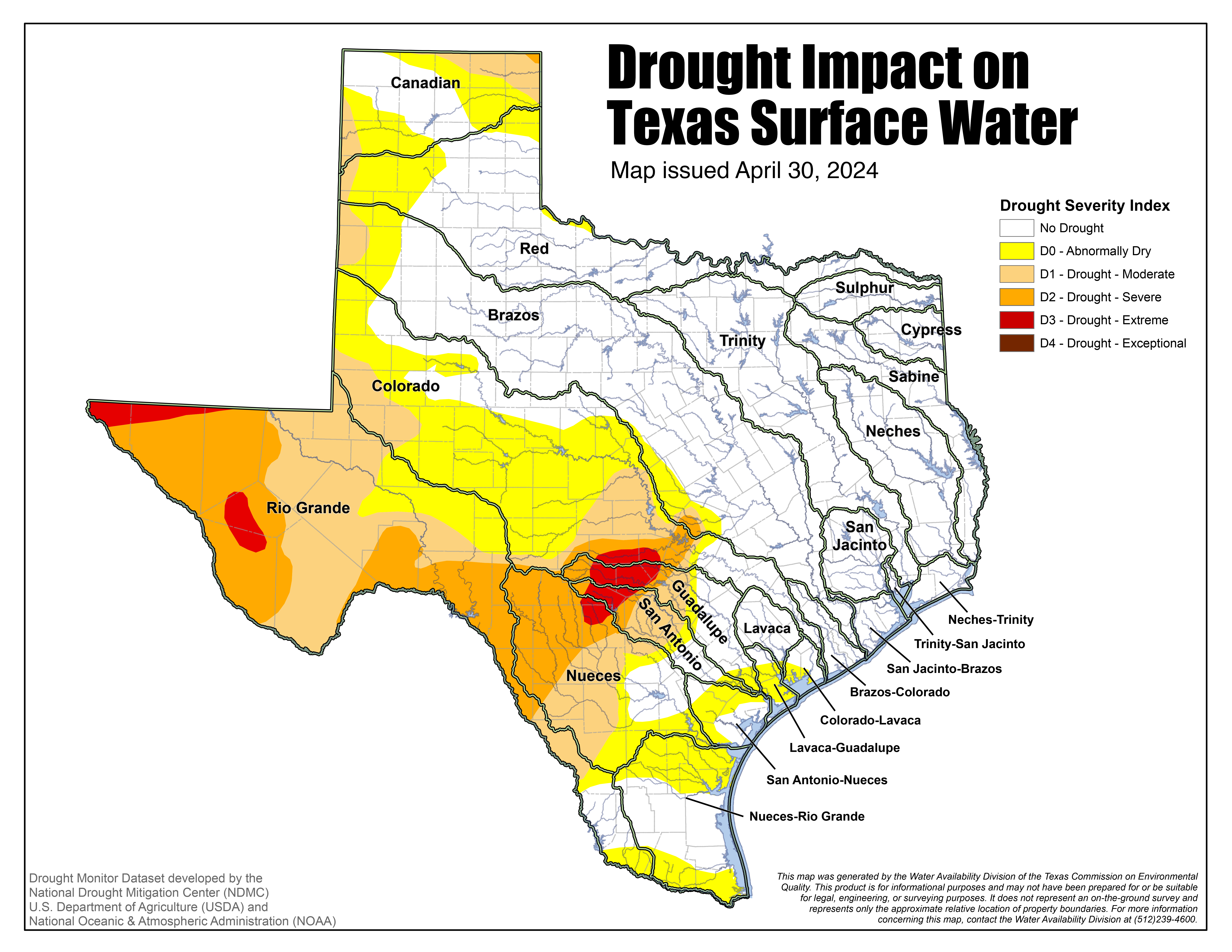 Map of Drought Impact on Texas Surface Water from TCEQ