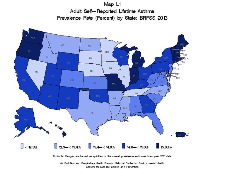 2013 Adult self-reported lifetime asthma prevalence rates by state.