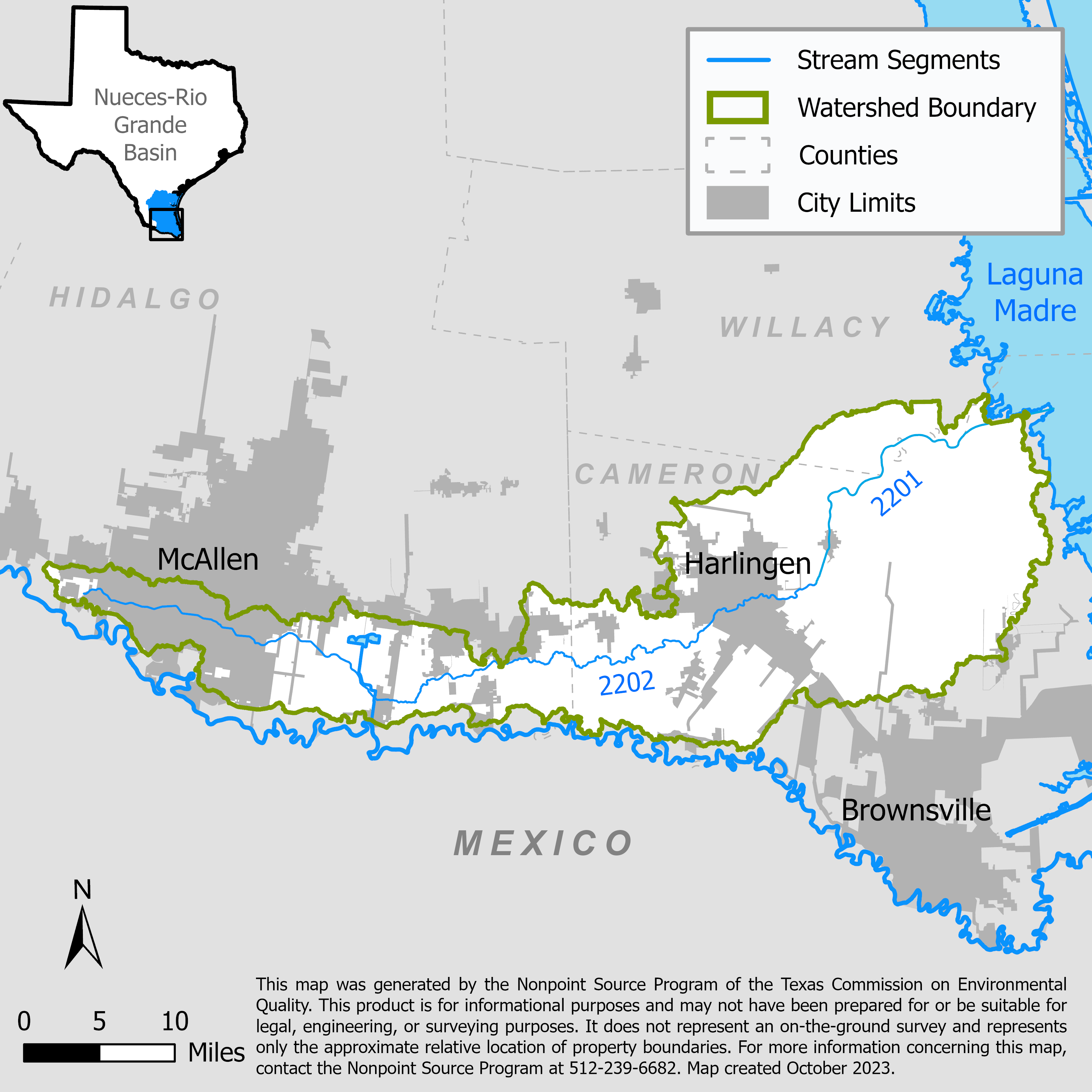 Map of Arroyo Colorado watershed with stream segments.