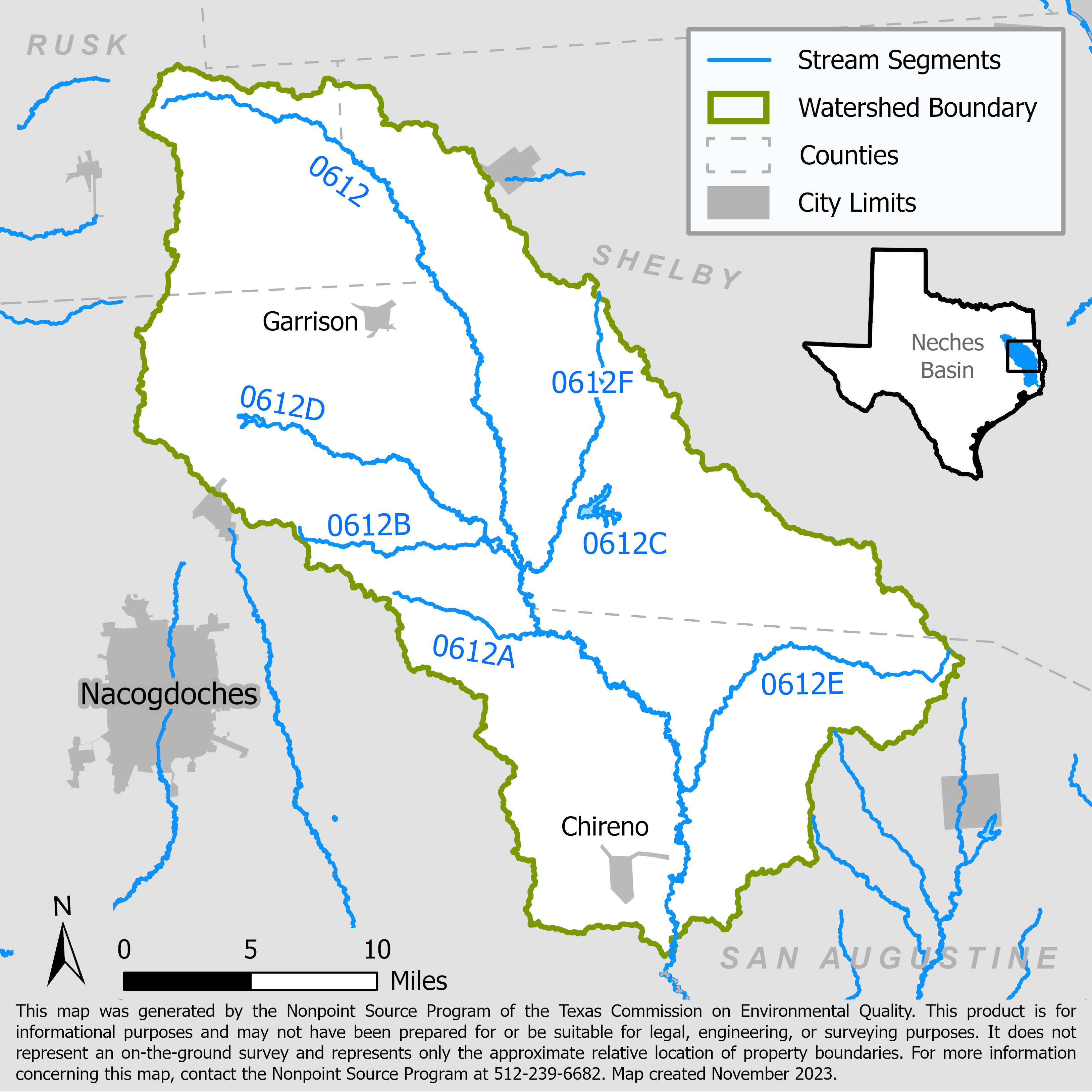 Map of the Attoyac Bayou watershed with stream segments.