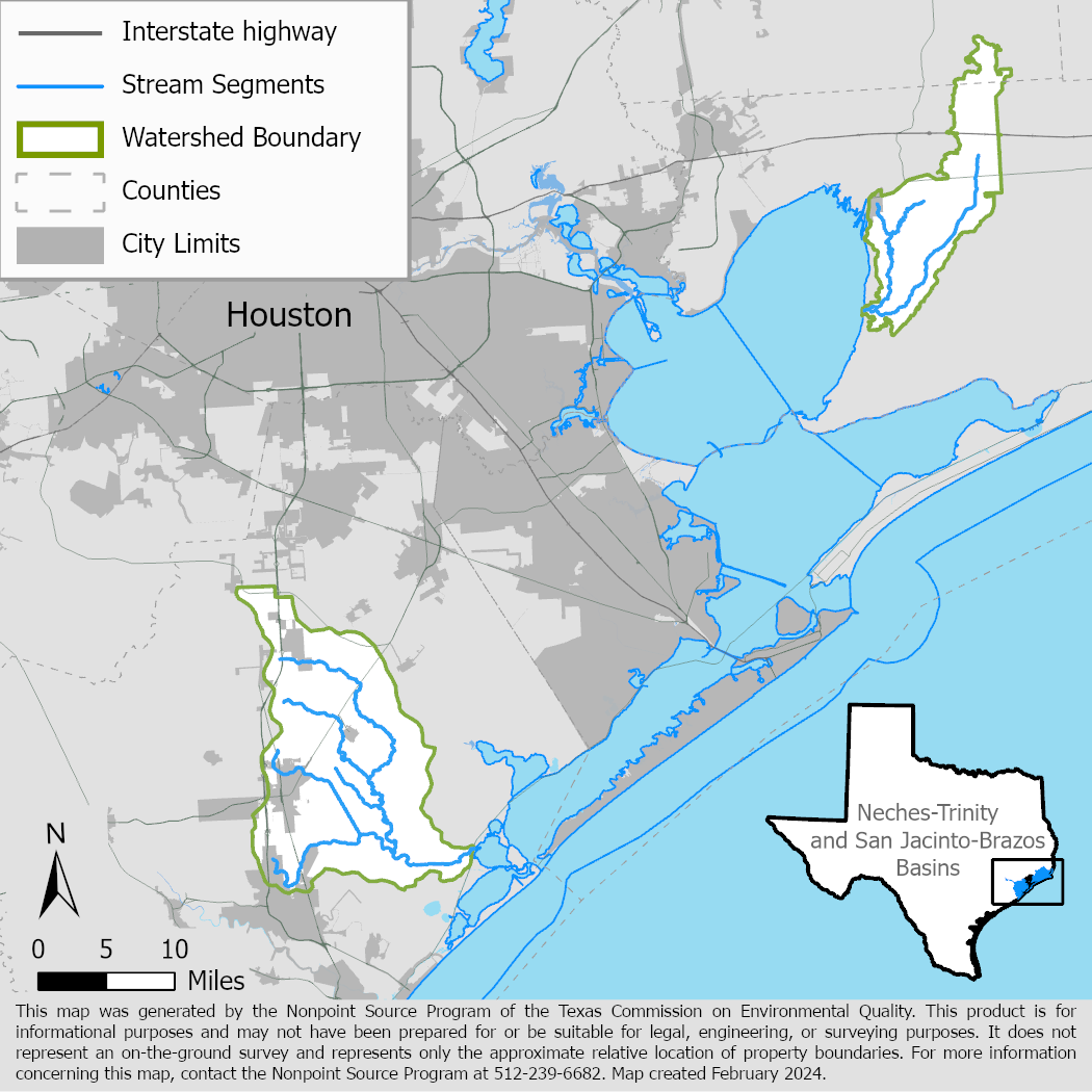 Map of Bastrop Bayou and Double Bayou watersheds with stream segments