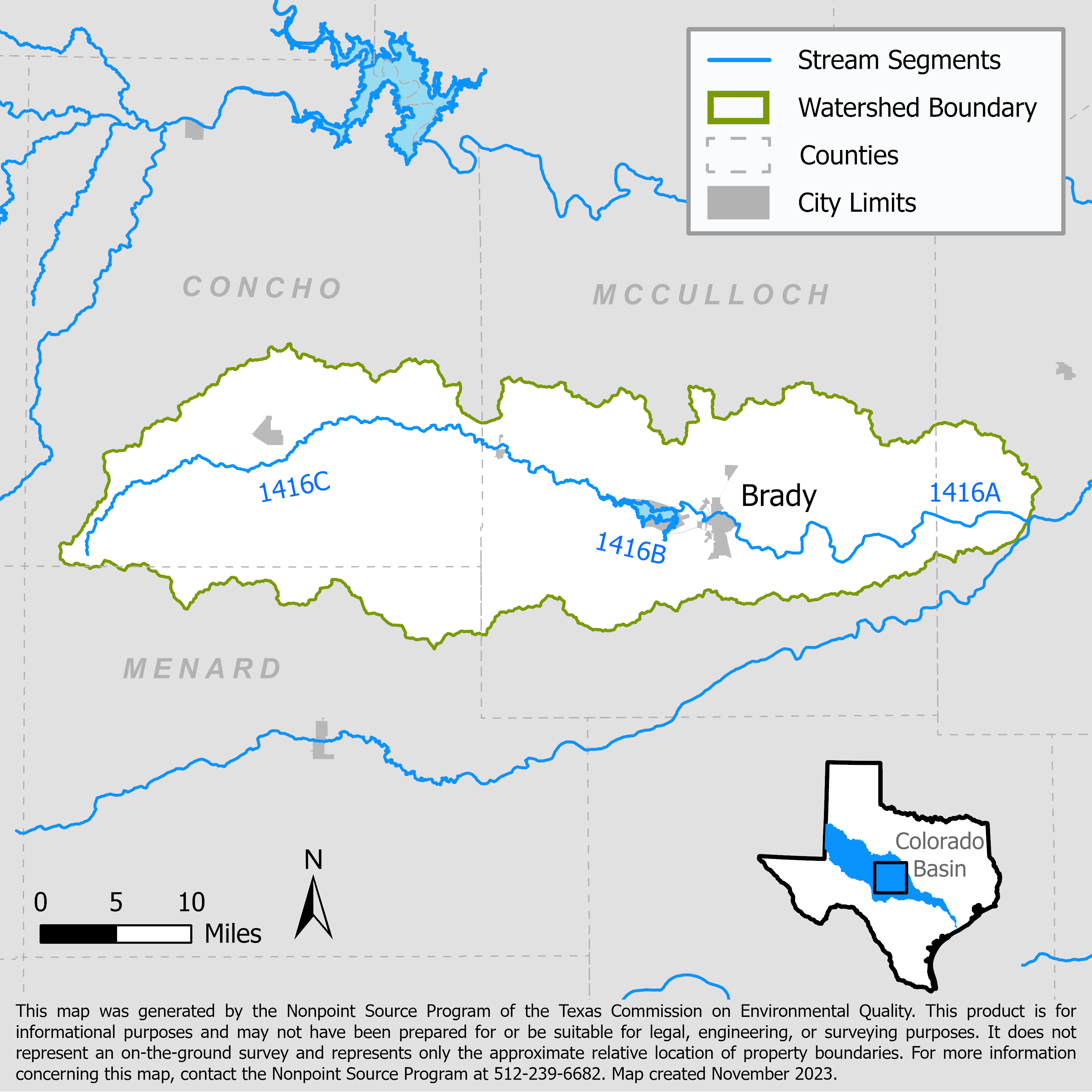 Map of the Brady Creek watershed with stream segments