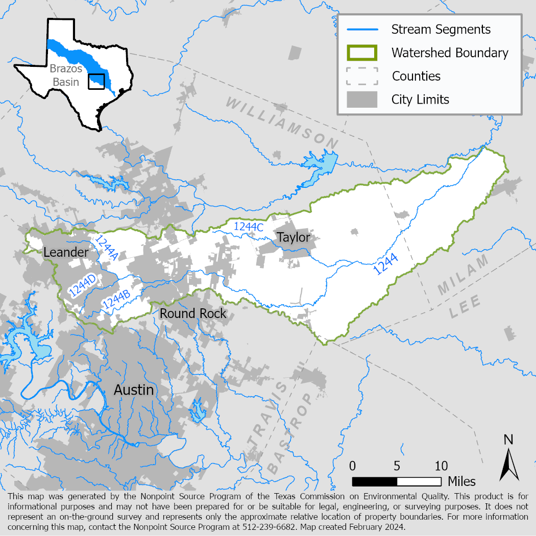 Map of the Brushy Creek watershed showing stream segments.