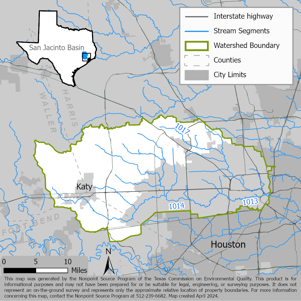 Map of the Buffalo Bayou watershed showing stream segments