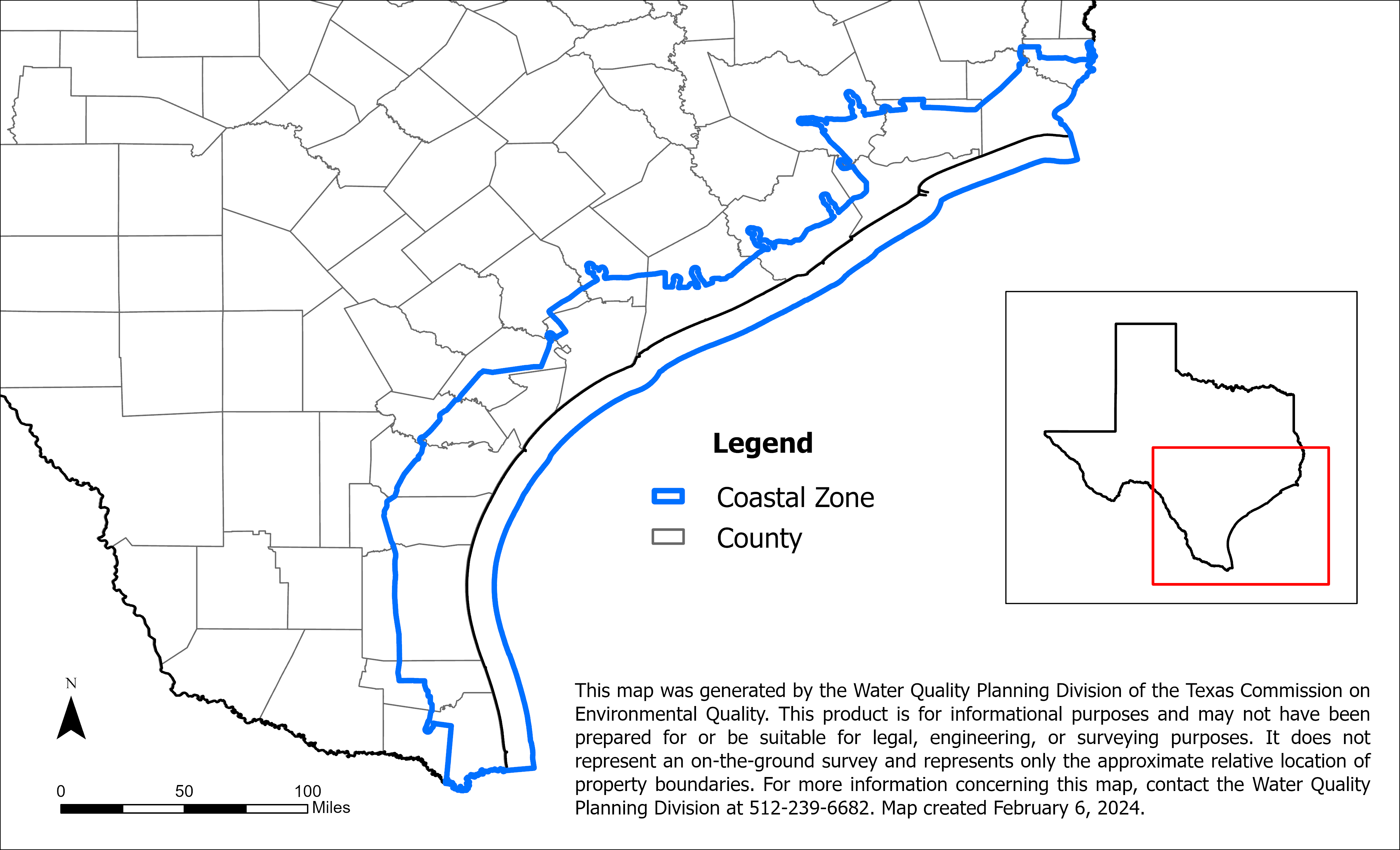 Map of Texas with outline of the coastal zone boundary.