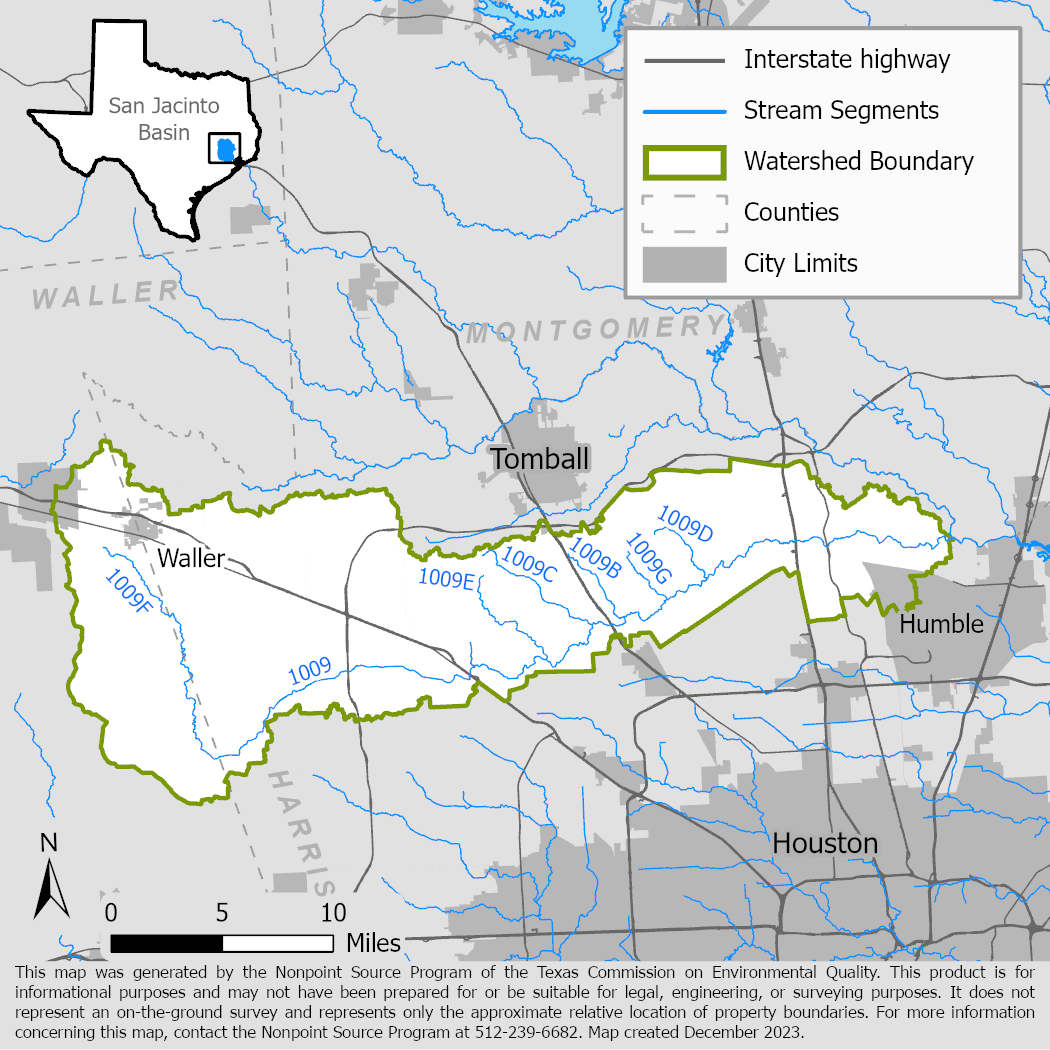 Map of the Cypress Creek (Segment 1009) watershed with stream segments.