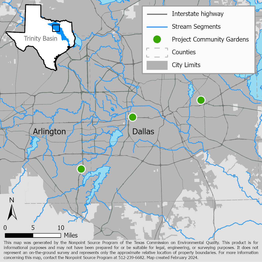 Map of Dallas-Fort Worth area showing stream segments and location of three project community gardens.