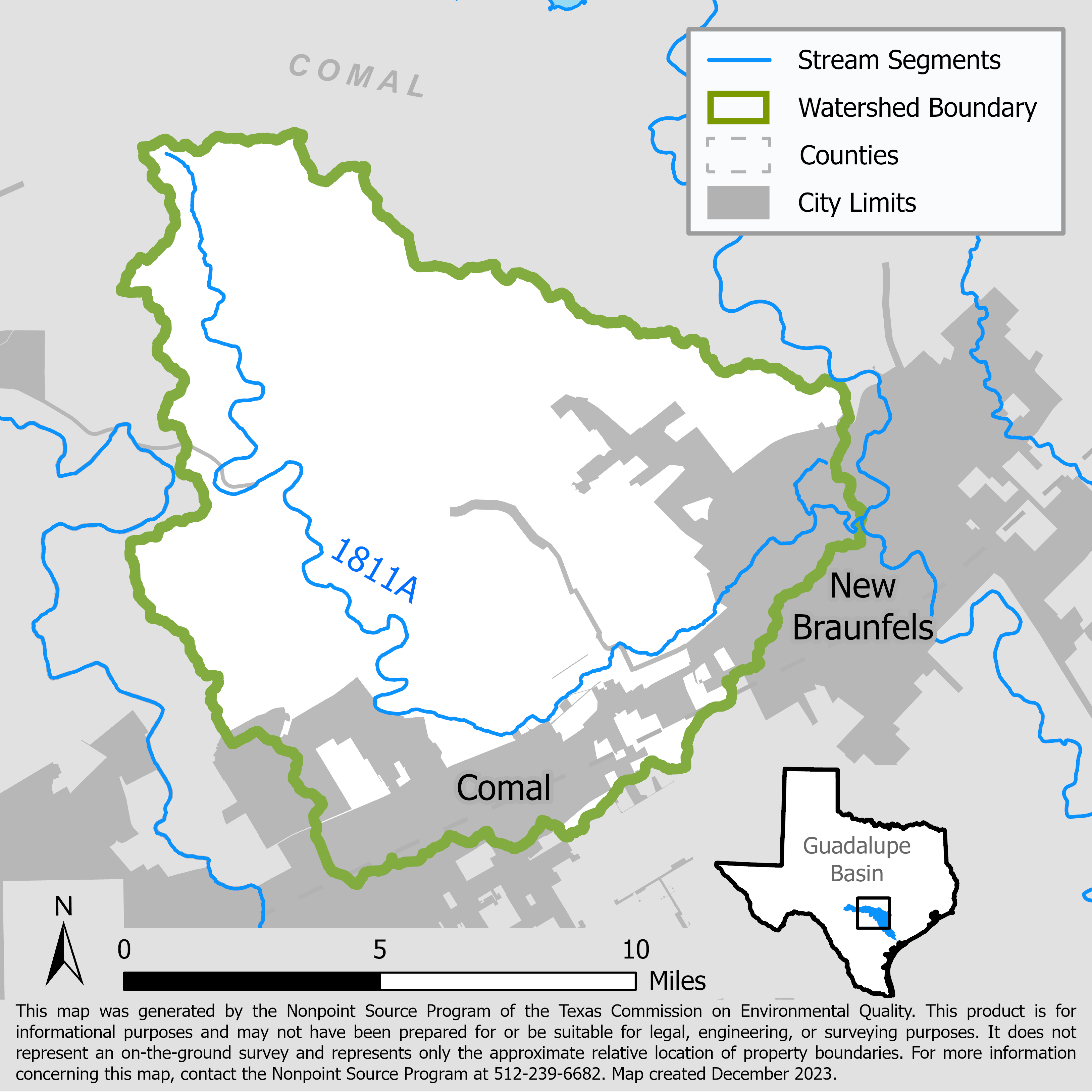 Map of the Dry Comal Creek and Comal River watershed with stream segments