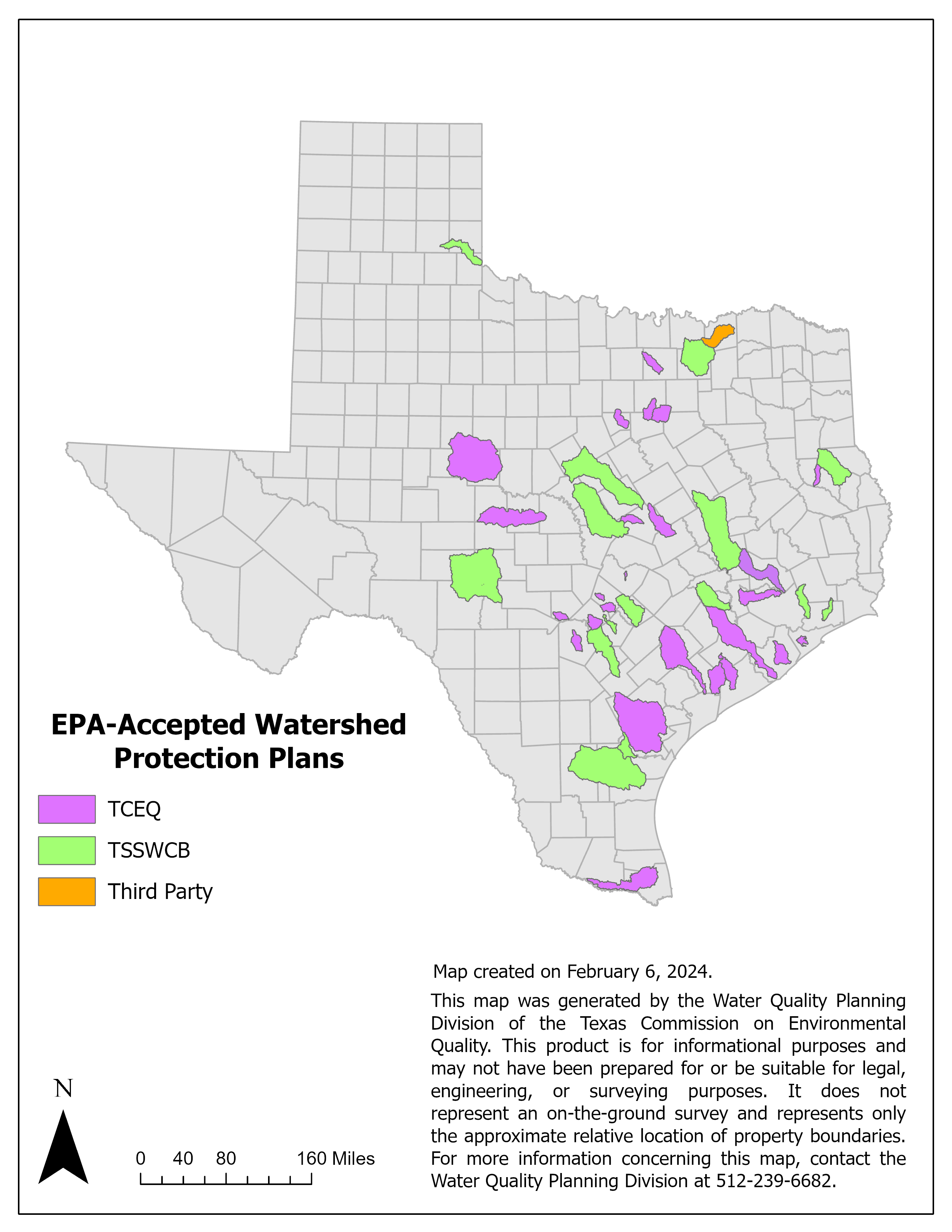 Map of Texas with polygons indicating watersheds that have EPA-accepted watershed protection plans.