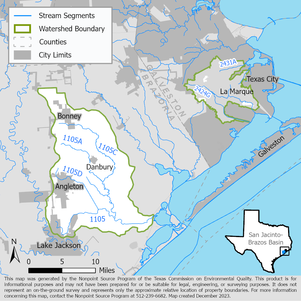 Map of the Highland and Bastrop Bayous watersheds showing stream segments.