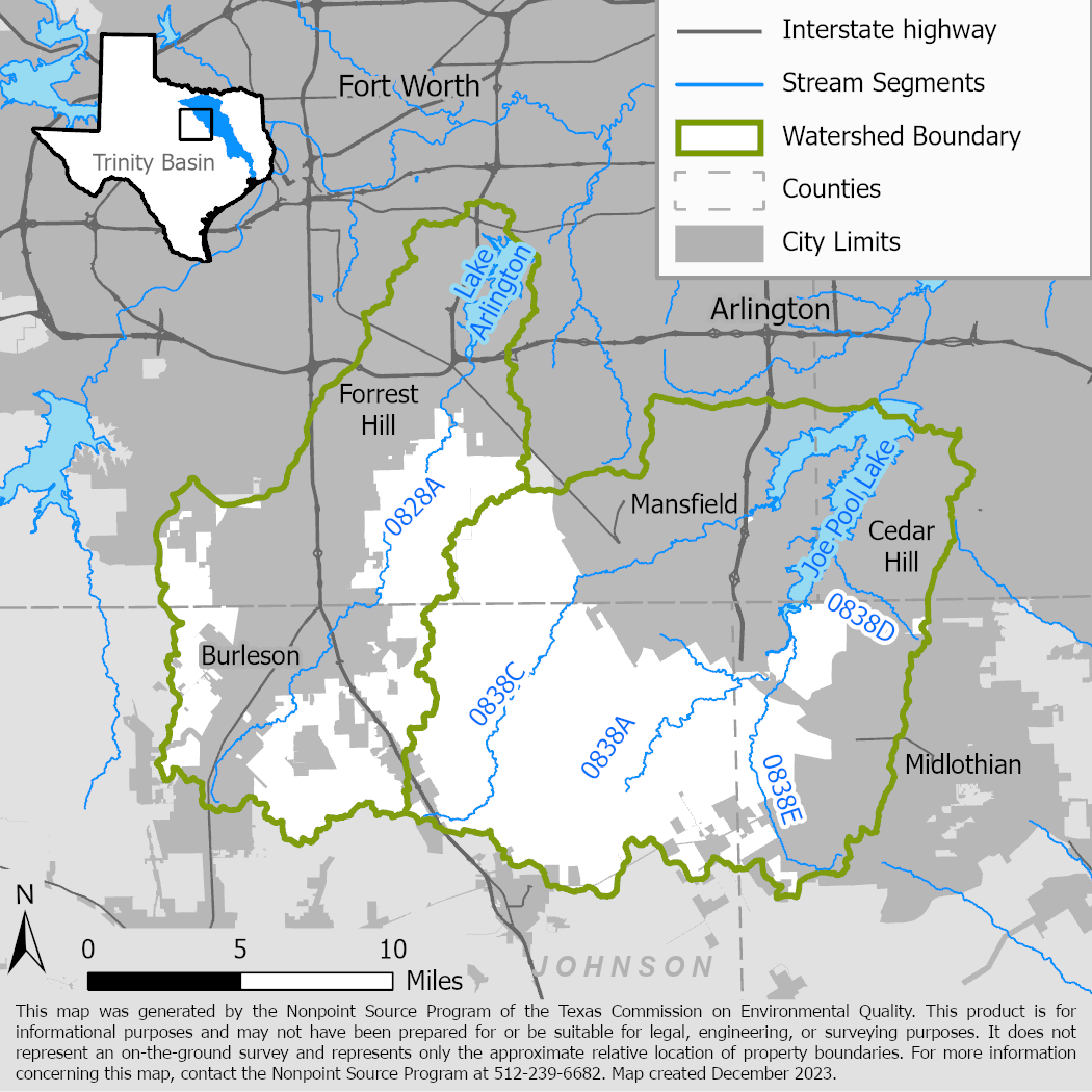 Map of the Joe Pool Lake and Village Creek-Lake Arlington watersheds showing stream segments.