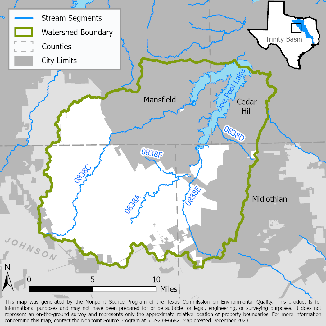 Map of the Joe Pool Lake watershed with stream segments.